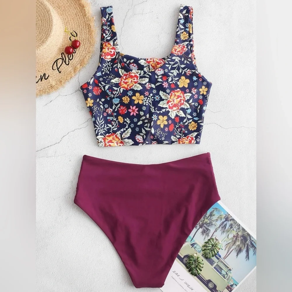 ZAFUL Women's Two Piece High Waisted Tankini Scoop Neck Knotted